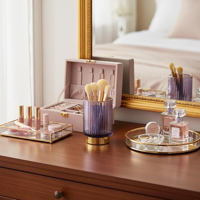 Purple Makeup Brush Holder, Glass Toothbrush Holders for Bathrooms, Gold Pen Holder for Desk, Vintage Make Up Brush Holder Vanity Organizer for Brushes, Lipstick, Eyebrow Pencil