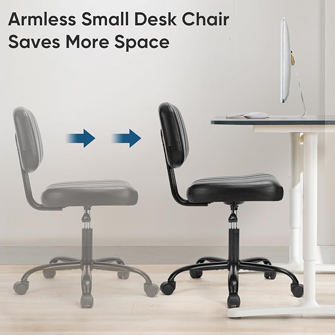 DUMOS Small Office Desk Chair - Armless PU Leather with Comfy Lumbar Support, Height Adjustable Rolling Swivel Task for No Arms, for Adult, Student, Bedroom, Home, Vanity, Black