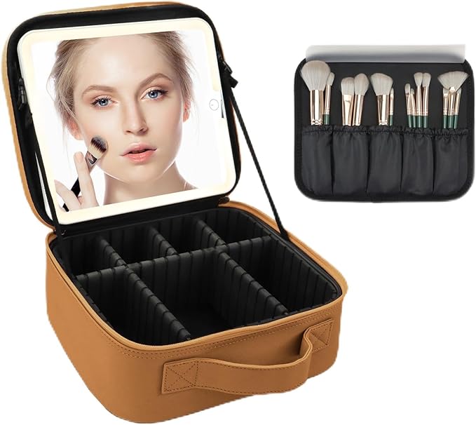 Makeup Bag with Led Mirror,Large Vanity Makeup Cases with 3 Color Setting,Portable Storage and Adjustable Dividers,for Women and Makeup Artists Cosmetic Organizer Travel Makeup Bag-Brown