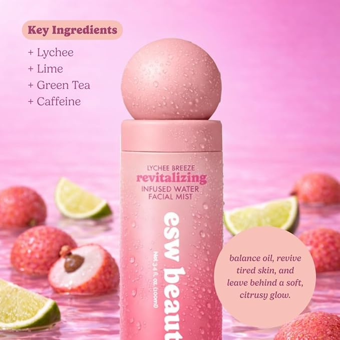 ESW Beauty Lychee Breeze Facial Mist - Hydrating Face Spray Toner with Lychee Water, Lime, Green Tea & Caffeine - Prime & Set Makeup - Revitalizing Mist for Radiant Skin