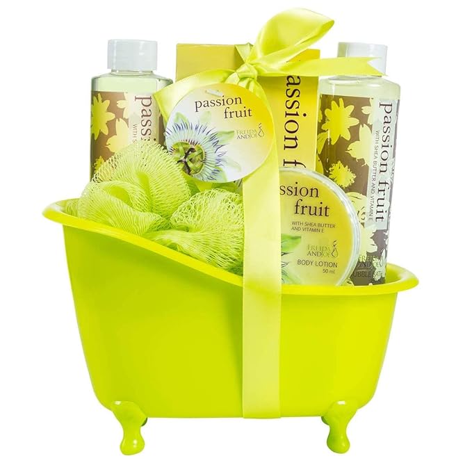 Home Spa Bath Basket Passion Fruit Fragrance Bath & Body Set For Women Contains Shower Gel, Bubble Bath, Body Lotion, Bath Salt in Green Tub Gift – Mother's Day Gift for Mom