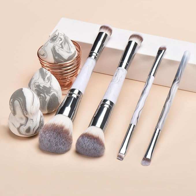 Grey Makeup Brushes set, 4 Dual-Ended Brushes, 3 Makeup Sponges & 1 Metal Stand, Professional Complete Cosmetic Brush Set, for Foundation Powder Blush Eyeshadow