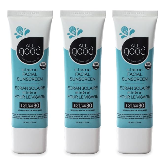 All Good Facial Mineral Sunscreen Lotion SPF 30 | Daily Face Moisturizer, Nourishing Botanicals, Hyaluronic Acid, Green Tea, Aloe, Calendula, Raspberry Seed Oil | 1.7oz (3-Pack)