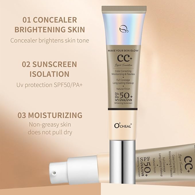 O'CHEAL CC Foundation with SPF 50+, Full Coverage Moisturizer Color Correcting Cream Concealer Powder Foundation, Lightweight Waterproof Oil-Free Pre-makeup Primer for All Skin Types (Nature)