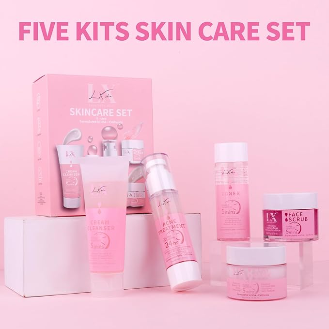 Daily Acne Essentials Kit - 5 Step Facial Skincare Set with Cleanser, Face Scrub, Clay Mask,Toner & Acne Serum, Complete Acne Skin Care Kit, Wash Away Impurities To Reveal Glowing Skin