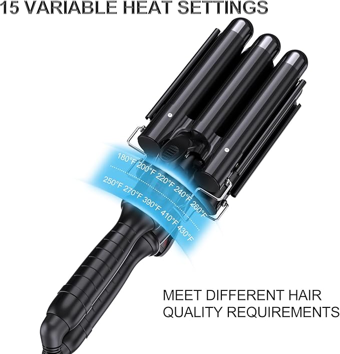 kuwa Three Barrel Curling Iron,Hair Crimper with LCD Temperature Display,1 Inch Crimper Hair Tool,Dual Voltage Hair Crimper,Beach Waver Curling Iron (Black)