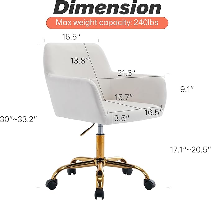 KCC Velvet Office Desk Chair, Comfy Swivel Modern Leisure Armchair with Wheels, Upholstered Comfy Velvet Fabric Makeup Chair Height Adjustable for Teens Women Girls Elegant Home Office, White
