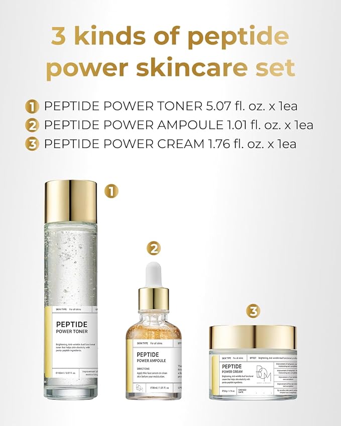 BOM Cosmetics A Set of Peptide Power Skincare with 3 Kinds of Items (Toner, Ampoule, Cream), 24K Gold & Pentapeptide for Skin Collagen Boost, Smoothness and Long-Lasting Moisture, Korean Skincare