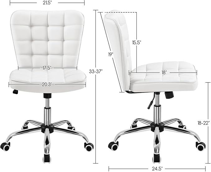 Yaheetech Armless Desk Chair Modern Tufted Office Chair Faux Leather Upholstered Computer Chair with Adjustable Seat Height and Rolling Wheels for Home/Office, White