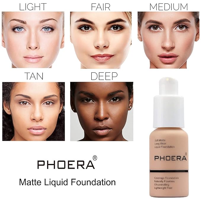PHOERA Matte Liquide Foundation Full Coverage - Kabuki Makeup Brushes (101 Porcelain + 102 Nude)