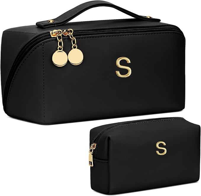 Birthday Gifts for Women Teen Girl, Personalized Initial Makeup Organizer Bag Set, Open Flat Travel Cosmetic Bag With Clear Divider and Handle(Black,S)