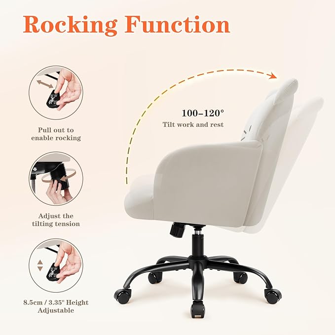 IWMH Home Office Chair Wide Seat Desk Chair Cute Velvet Swivel Vanity Chairs Cat Themed Computer Task Chairs with Wheels Upholstered Modern Accent Armchair for Living Room Bedroom Study Makeup White