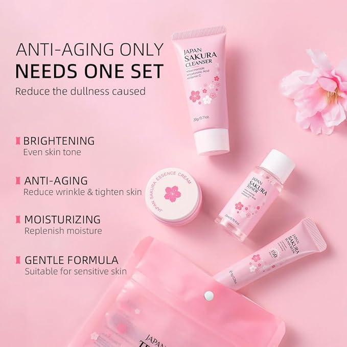 Sakura Travel Skincare Set for Teenage Girls,4 Pcs/Set Sakura Skin Care Set With Cleanser, Toner,Face Cream and Sunscreen,Travel Essentials for Women-Cleansing,Hydrating and Sun Protection