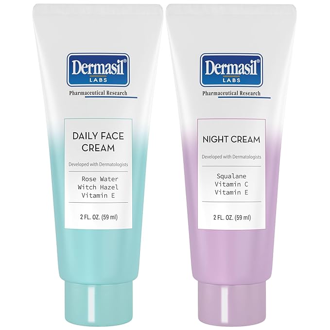 Dermasil Face Moisturizer Variety 2-Pack – Daily Face Cream with Witch Hazel and Rose Water + Night Cream with Vitamin C and Squalane, 2 Oz Ea