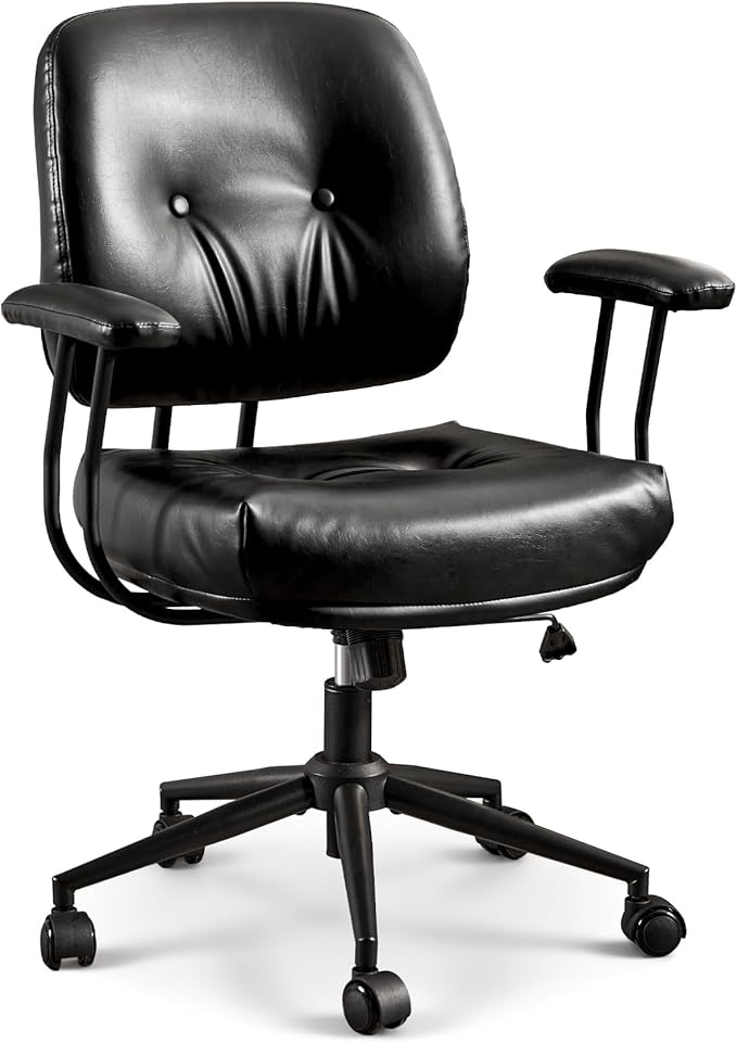 ovios Ergonomic Office Chair, Mid Back Faux Leather Executive Chairs with Thick Cushion, Comfy Mid-Century Modern Swivel Rolling Computer Armchair (Black, PU Leather)
