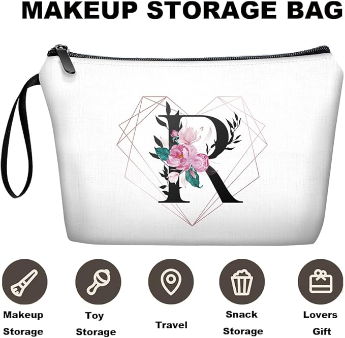 Personalized Initial R floral Makeup Bag set with Mirror for Women,White Ietter R Bride Bridesmaid travel Cosmetic bag kit with10 pieces pink brush set,Initial Gifts for Girls Mom femal Friends