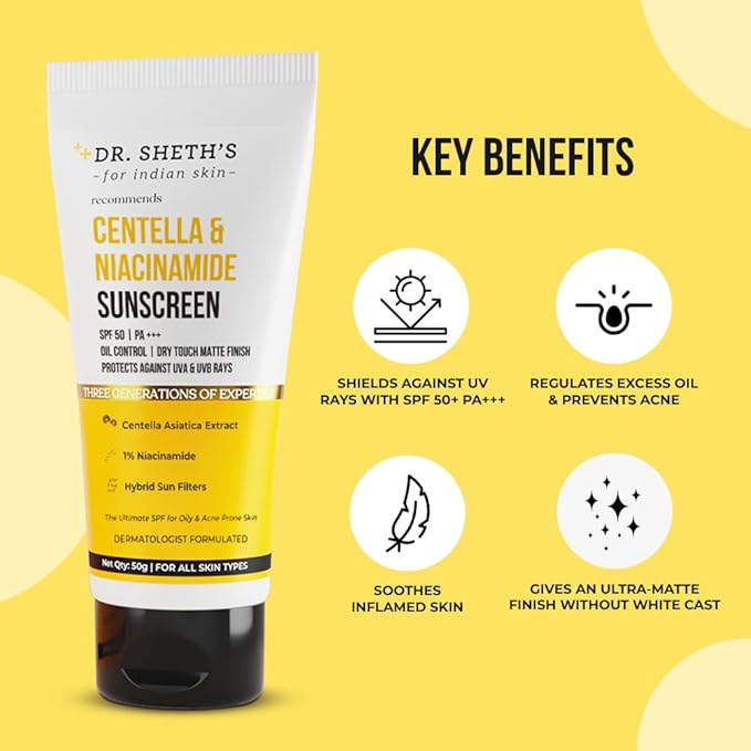 Dr Sheth's Centella & Niacinamide Sunscreen SPF 50 PA+++ For Oily & Acne-Prone Skin Sweat Proof & Water-Resistant Dry Touch Matte Finish Controls Excess Oil Protects Against UVA & UVB Rays