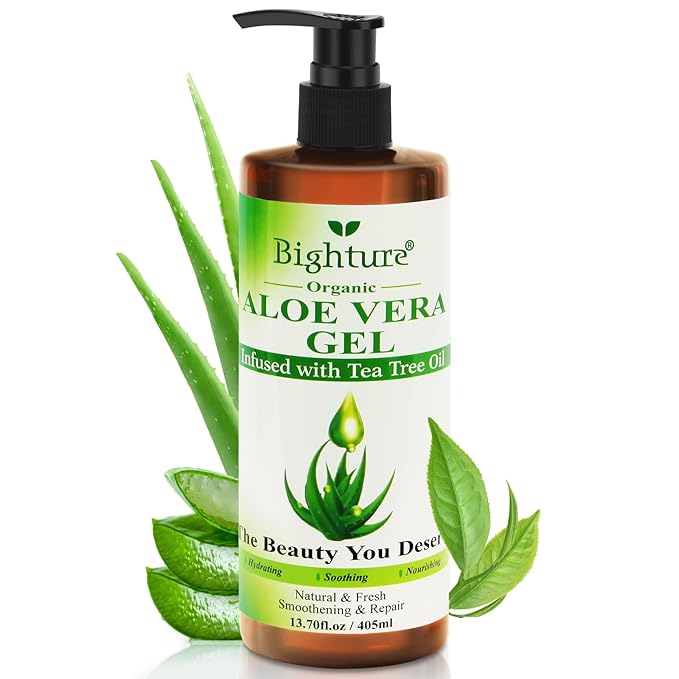 Aloe Vera Gel with Tea Tree Oil for Face, Skin, Hair, Sunburn relief, Aloe Vera Gel from Freshly cut 100% Pure Aloe,13.7oz