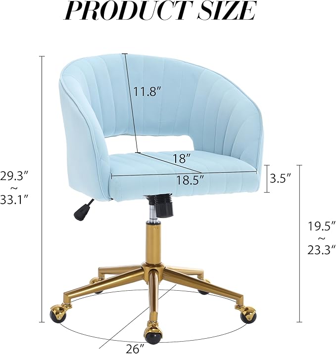 Home Office Chair Swivel Velvet Desk Chair Accent Armchair Upholstered Modern Tufted Chairs with Gold Base for Girls Women Ergonomic Study Seat Computer Task Stools for Living Room(Blue)
