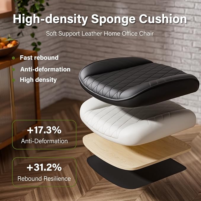 Black Leather Office Desk Chair with Quiet Rubber Wheels, Height Adjustable, Padded Arms, Vintage Mid Century Office Chair, Retro Style Desk Chair