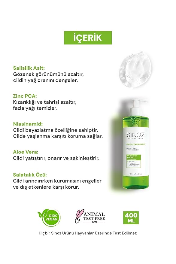 Sinoz Perfect Sebum Balancing Facial Cleansing Gel | With Salicylic Acid & Niacinamide | For Oily & Combination Skin | Deep Pore Cleanser & Oil Control | 400 ml