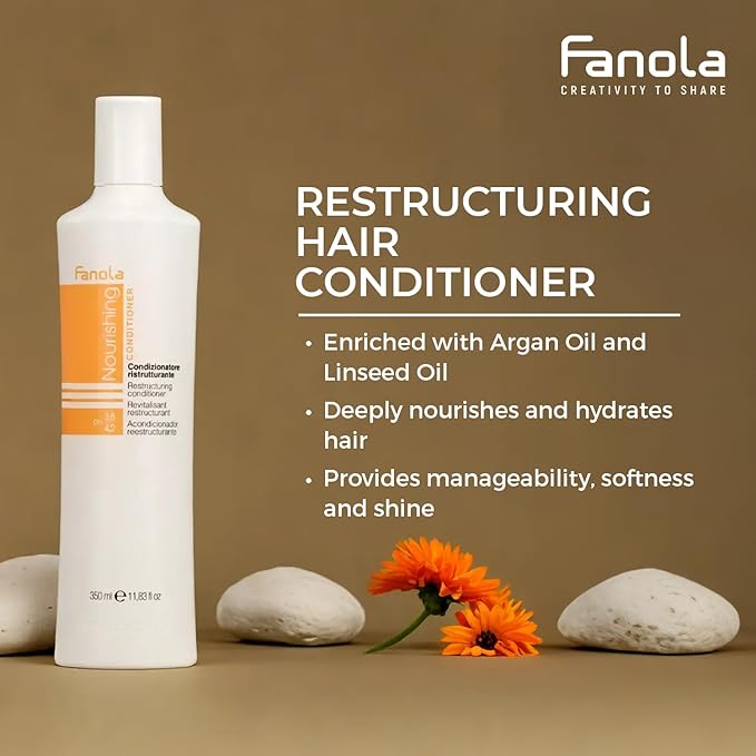 Fanola Restructuring Hair Conditioner for Women & Men - Hydrating Conditioner for Dry Hair with Argan & Linseed Oil - Repairing, Nourishing, Anti-Frizz Formula for Damaged Strands (11.83 Fl oz)