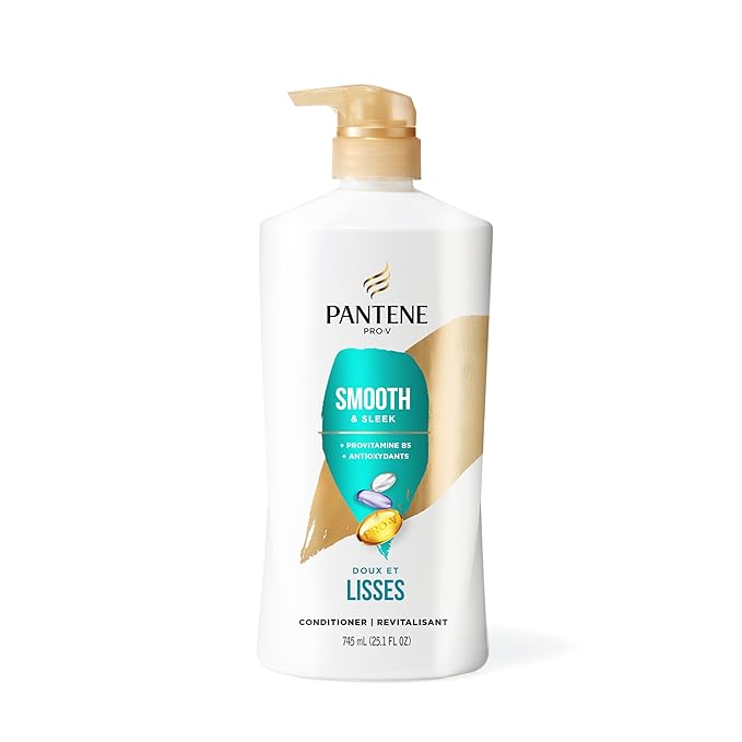 Pantene Conditioner, Smooth and Sleek - Frizz Control with Antioxidants, Nourishing for All Hair Types - Curly, Dry, Color-Treated, 25.1 Oz Each, 2-Pack + Miracle Rescue Shot (0.5 Oz)