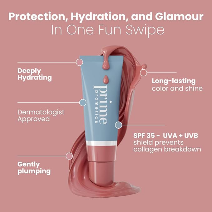 PRIME PROMETICS PrimeLip SPF 35 Lip Oil for Mature Women – UVA & UVB Shield – Intense, Long-Lasting Hydration – Vibrant Color & Non-Sticky, Shiny Gloss (Warm Sienna)