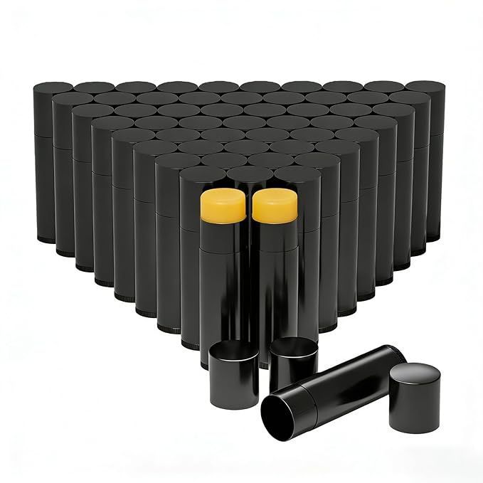 50 Pack Empty Lip Balm Tubes & Containers, BPA Free Round Lip Balm Containers with Caps, DIY Twist-Up Lipstick Tubes for Homemade Cosmetics (Black)