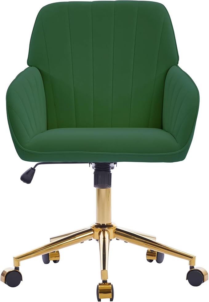 Velvet Home Office Desk Chair, Modern Cute Computer Task Chair with Back, Height Adjustable Upholstered Vanity Chair with Swivel Wheels for Women, Girls (Gold Base, Green