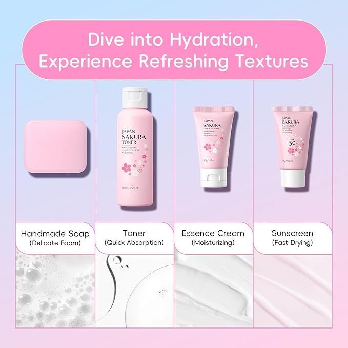Cherry Blossom Skin Care Set, 4-Piece Skincare Gift Set for Women & Teens Girls Includes Handmade Face Soap , Toner, Essence Cream, SPF 50 Sunscreen with Rice Extract & Vitamin C All Skin Types