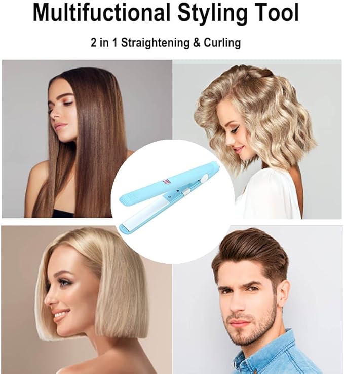 Mini Hair Straightener, 2 in 1 Mini Curling Iron Portable Travel Hair Straightener Heating Curler Hair Styling Tool for Short Hair，Home or Salon (Blue)
