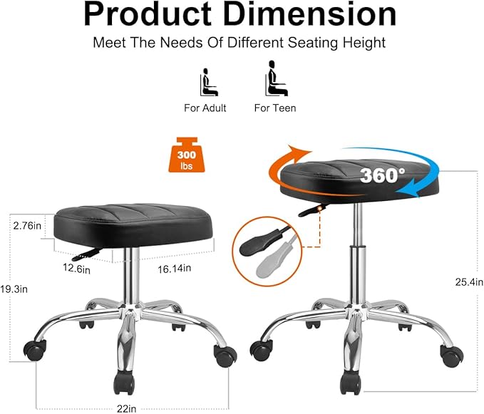 JOSTZHXIN Black Square Swivel Stool Height-Adjustable Rolling Chair, Rolling Stool for Work SPA Shop Massage, Office Tattoo Spa Shop Chair