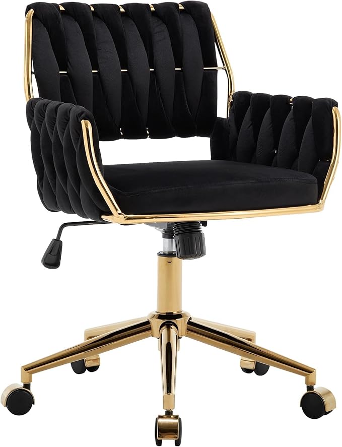 civama Velvet Office Desk Chair with Hand Woven Backrest, 360°Swivel & Height Adjustable Cute Girls Vanity Vlog Chairs, Nail Salon Bedroom Dressing Room Armchair with Gold Base and Wheels (Black)