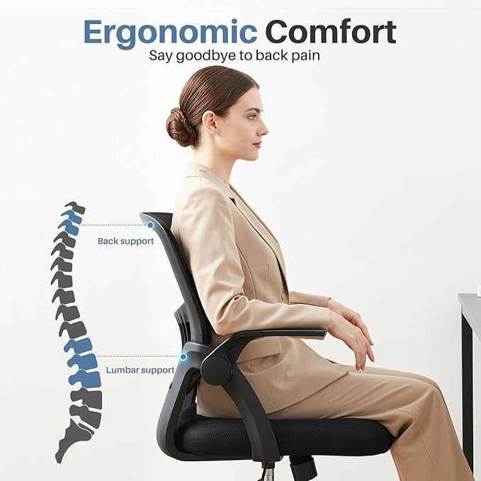 DUMOS Home Office Computer Chair - Ergonomic Mid Back Desk with Lumbar Support and Rocking Mode, Height Adjustable with Flip-up Armrest, for Conference Meeting Room, 360° Swivel, Adults, Black