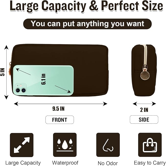 Nylon Small Makeup Bag for Purse, Cute Preppy Makeup Bag Cosmetic Zipper Pouch Purse, Waterproof Portable Travel Toiletry Bag Clutch Make Up Brush Bag Organizer Storage for Women Men Girls(Brown)