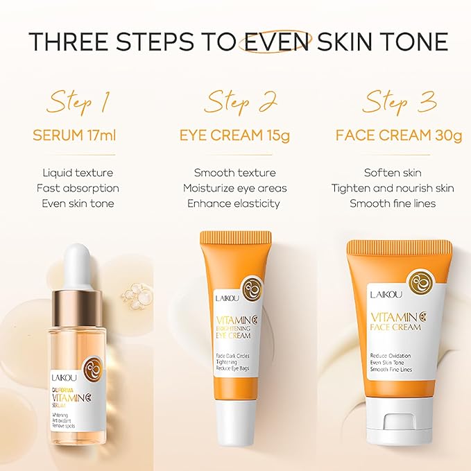 LAIKOU Vitamin C Skin Care, Skin Care Set with Serum, Eye Cream, Face Cream for Women Teen Girls Mom Daughter Mother's Day Christmas Birthday Beginner Kit TSA-friendly 3pcs