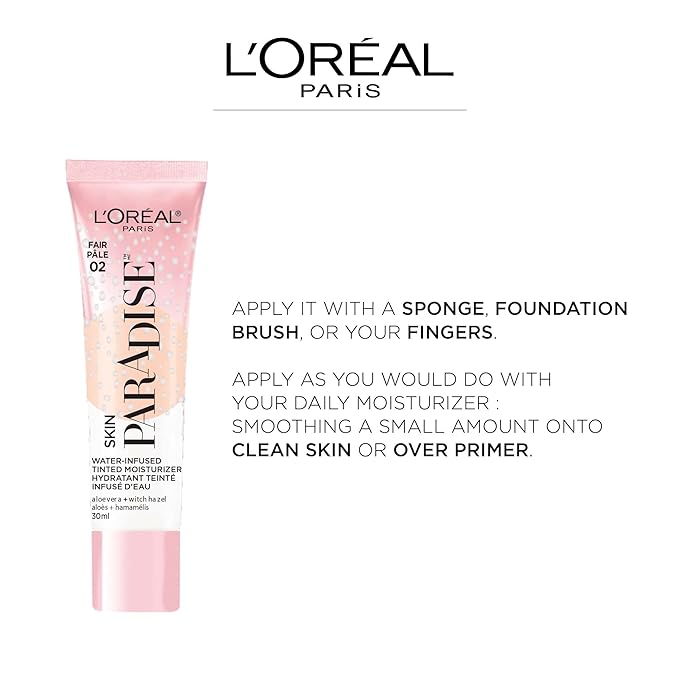 L'Oreal Paris Skin Paradise Water-infused Tinted Moisturizer with Broad Spectrum SPF 19 sunscreen lightweight, natural coverage up to 24h hydration for a fresh, glowing complexion, Light 01, 1 fl oz