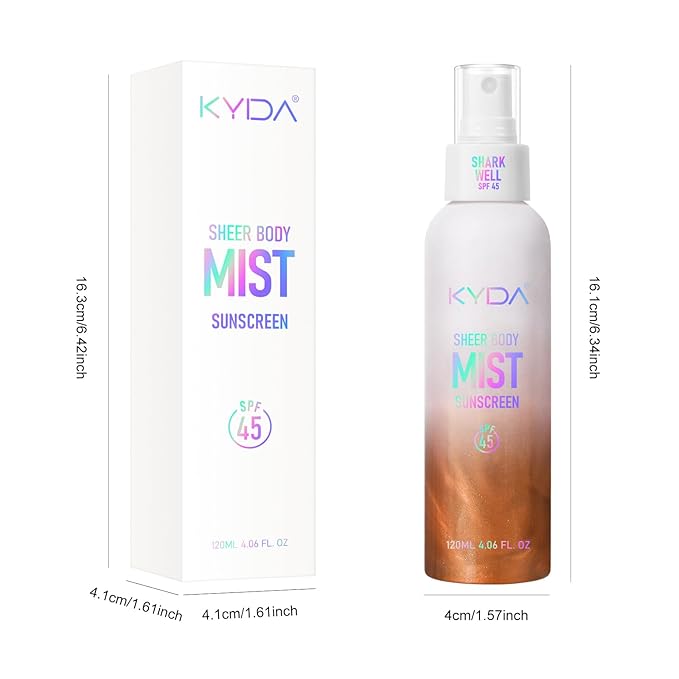 Sheer Body Sunscreen Mist, SPF 45 Ultra-fine Glowing Spray, Lightweight Hydrating Non-Greasy Quick Drying, Infused with Shimmering Radiant Glow Sunscreen Body Oil Mist-Amber,4.06 fl oz