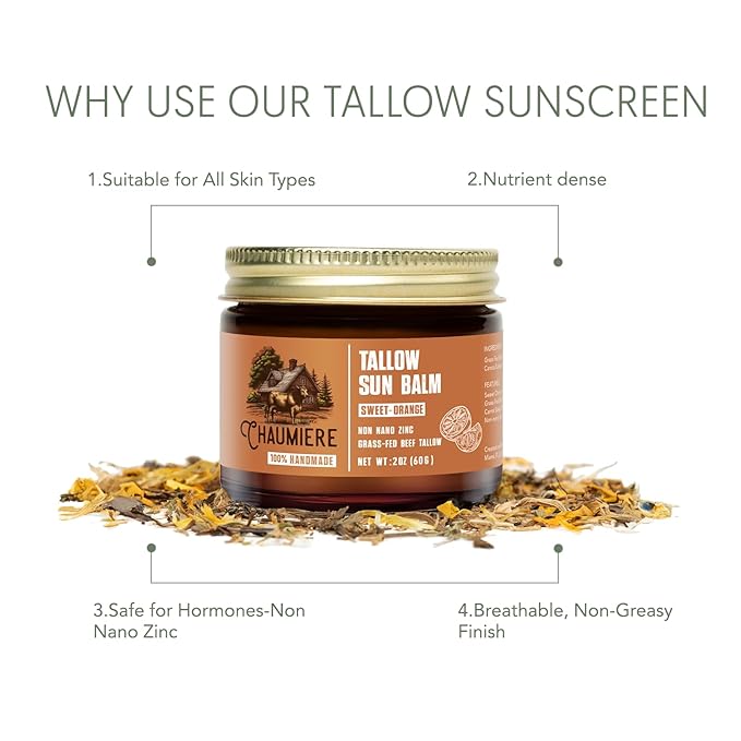 Sweet Orange Tallow Sunscreen SPF 50 – Grass-Fed Beef Tallow Balm with Carrot Seed Oil & Non-Nano Zinc – Organic Face & Body Moisturizer, Reef Safe, Naturally Scented – 2.5oz, Made in USA