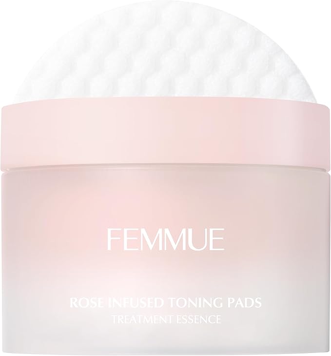 FEMMUE Rose Infused Face Toning Pads (60 Pack) | Daily Exfoliating Toner Cotton Rounds with Rose Water | Korean Skin Care