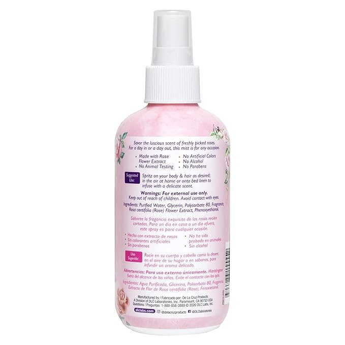 De La Cruz Rose Water Spray, No Parabens or Artificial Colors, Vegan, Made in USA 8 FL. OZ. (2 Bottles)
