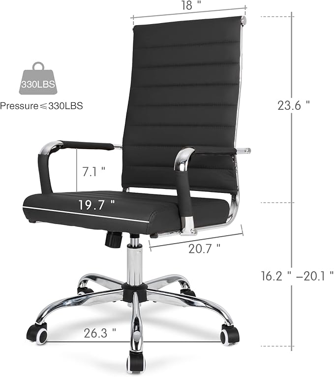 Home Office Chair Ribbed, Modern Leather Conference Room Chairs, Ergonomic Office Desk Chair, High Back Executive Computer Chair, Adjustable Swivel Chair with Arms (Black)