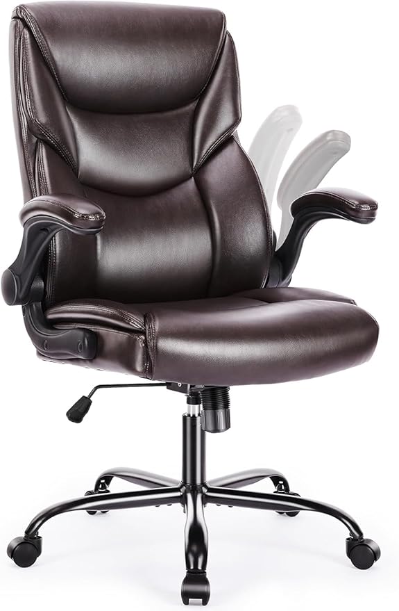 DUMOS Office Chair Set of 2 - Ergonomic Executive Computer Desk Chairs with Adjustable Flip-up Armrest, Swivel Task Chair with Lumbar Support, Strong Metal Base, PU Leather, Brown