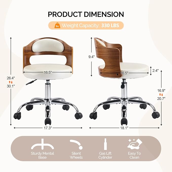 VINGLI Armless Home Office Desk Chair, Adjustable Swivel Chair,Dual-Use with/no Wheels,Small Retro Designed Walnut Curved Task Chair,Cushioned Nail Tech Chair for Study Area,Workspace,PU,Ivory White