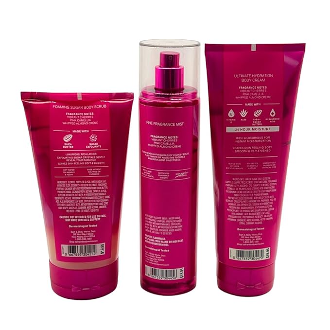 Bath & Body Works PERFECT IN PINK Fine Fragrance Mist, Ultimate Hydration Body Cream & Foaming Sugar Body Scrub 3-piece Gift Set with a Blue Bow for Holidays – Full Size
