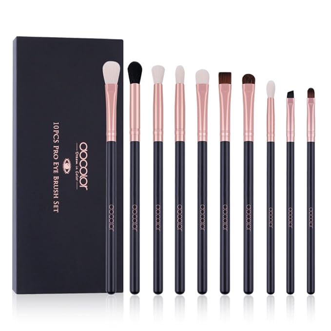 Docolor 10Pcs Eyeshadow Brush Set, Professional Eye Makeup Brushes Kit with Eyeshadow Eyebrow & Eyeliner Brush, Soft Blending Brush for Travel, DIY Eye Art Tool (Black Rose Gold Wooden Handle)