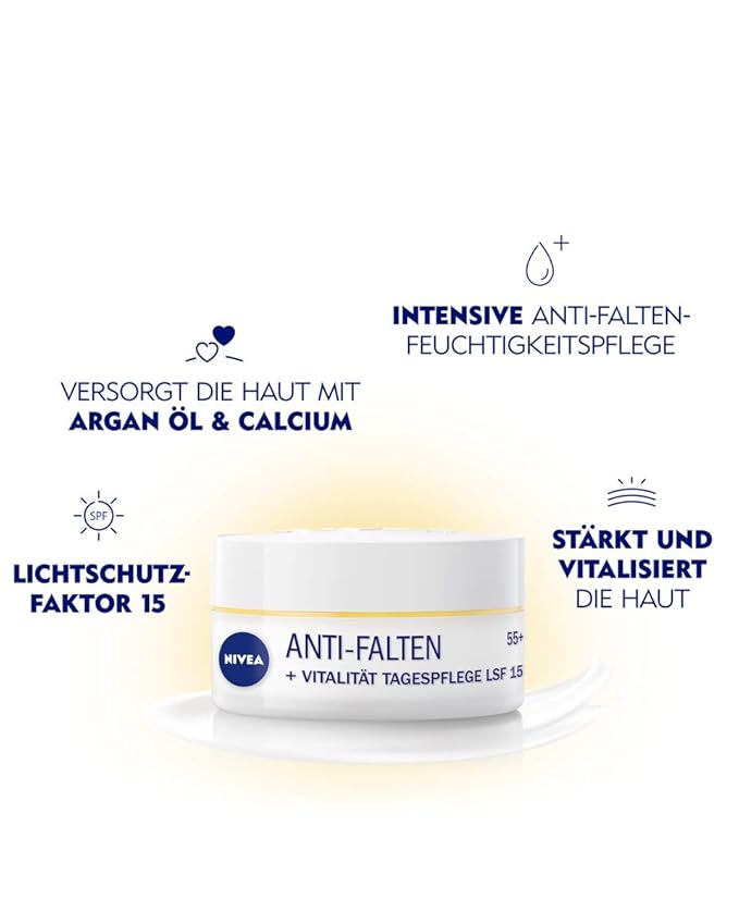 NIVEA Anti-Wrinkle + Revitalizing 55+ Day Cream for Mature Skin – 50 ml – Deeply Nourishing Moisturizer with Argan Oil & Calcium for Firmer, Smoother, Vital-Looking Skin