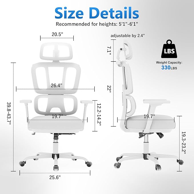 Office Chair Ergonomic Desk Chair with Lumbar Support and Headrest, Thick Cushion Mesh Computer Chair with Armrest and Tilt Lock, High Back Home Office Desk Chairs for Men Women