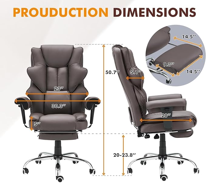 HOMREST 6-Point Massage Executive Chair, Ergonomic Heated Office Chair with Adjustable Backrest & Armrests, Home Office Desk Chair, Leather Computer Chair with Retractable Footrest(Brown)
